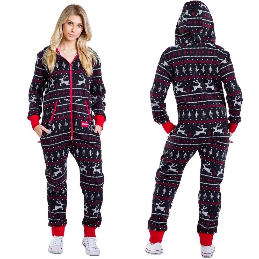 Tipsy Elves Reindeer Fair Isle Christmas Fleece Hooded Jumpsuit Black Red M